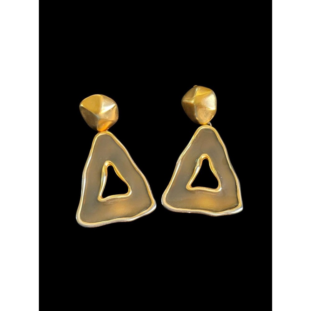 Anne Klein Geometric Triangle Brown Enamel Dangle Gold Tone Earrings Vintage